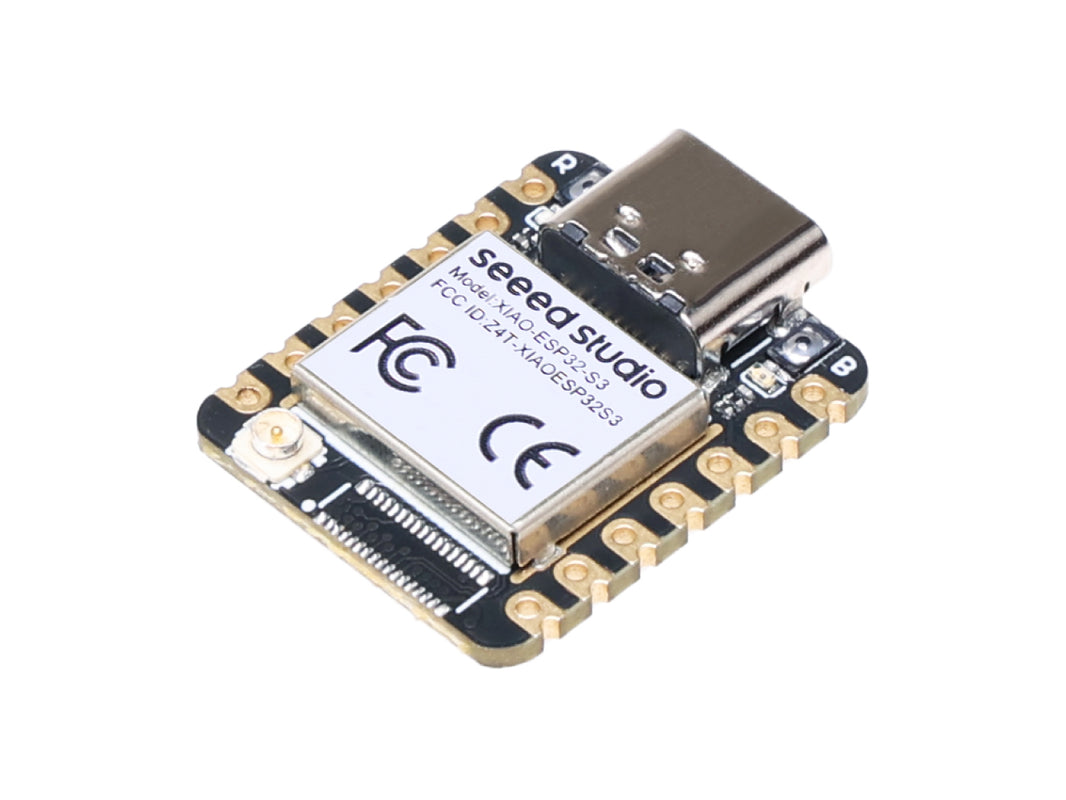 Seeed Studio XIAO ESP32S3 board viewed at an angle, showing its USB-C connector and antenna socket.